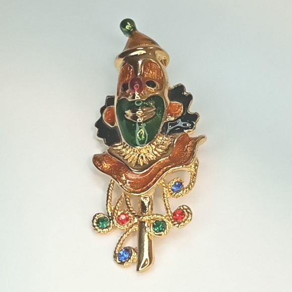 unknown Jewelry - Vintage gold tone, rhinestone and enameled clown brooch.
